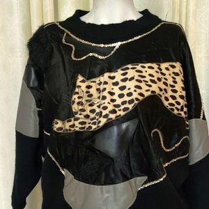 Vintage animal print faux fur embellished sweater